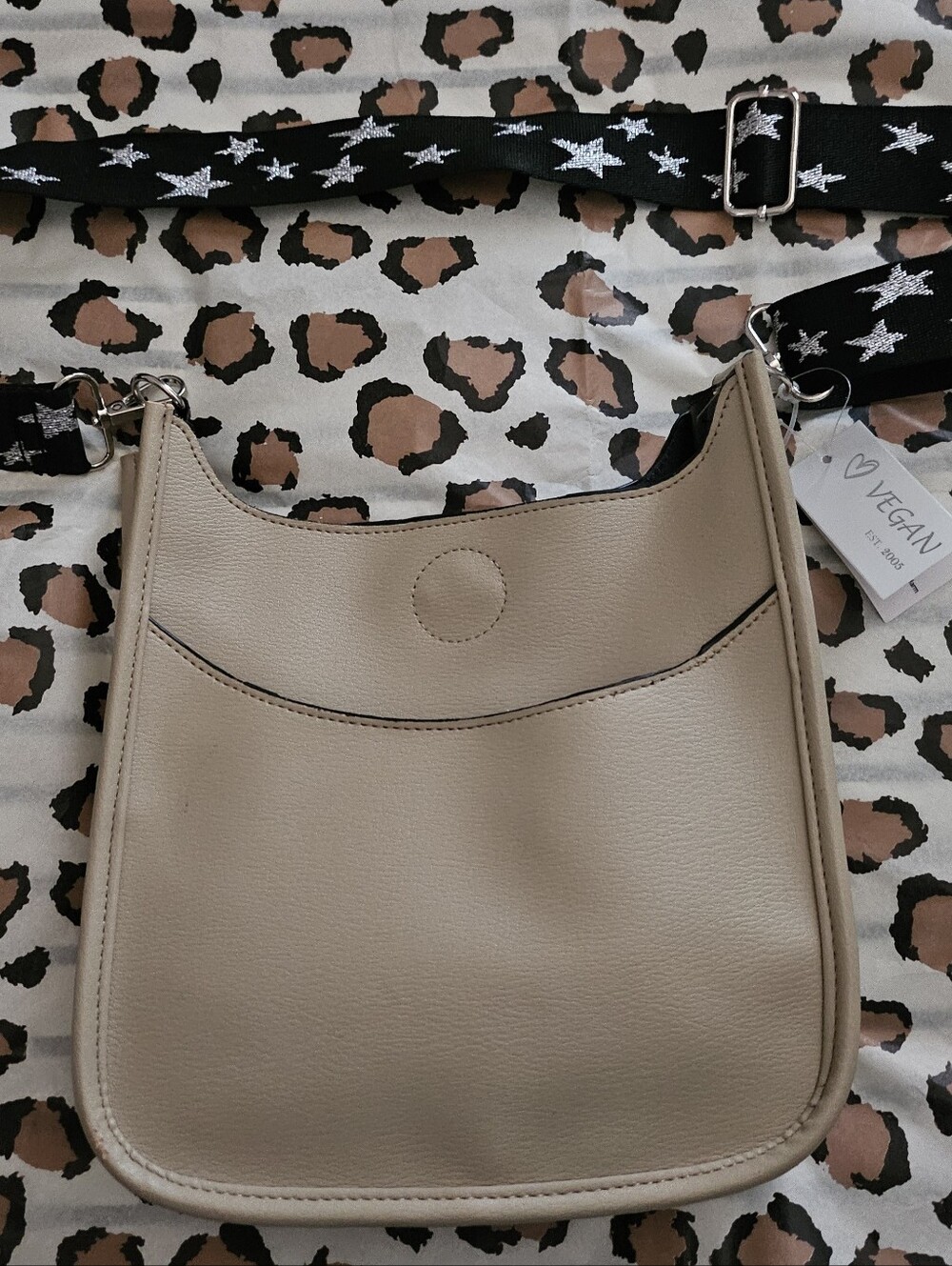 Vegan Leather Crossbody Bag in Beige with Star-Print Strap